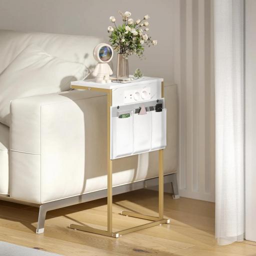 Mesa Auxiliar Estilo Marmolizado con Cargador USB y Espacio de Almacenaje 25,5x40x71 cm Blanco y Dorado [2]