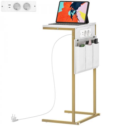 Mesa Auxiliar Estilo Marmolizado con Cargador USB y Espacio de Almacenaje 25,5x40x71 cm Blanco y Dorado [9]