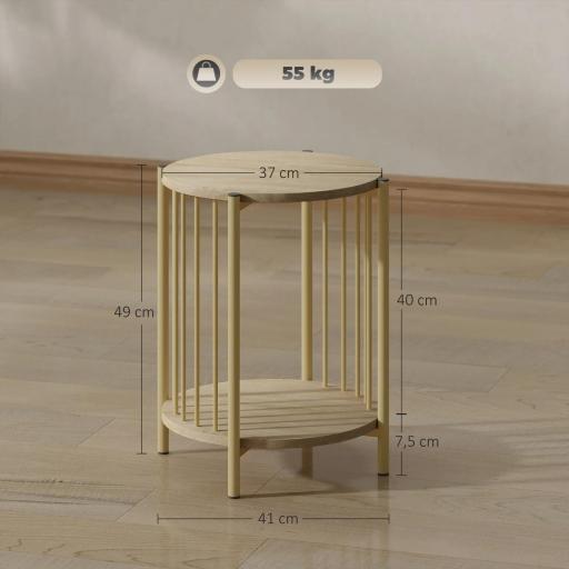 Mesa Auxiliar Redonda de 2 Niveles con Estante de Almacenaje y Marco de Acero para Salón Dormitorio Ø41x49 cm Natural [1]