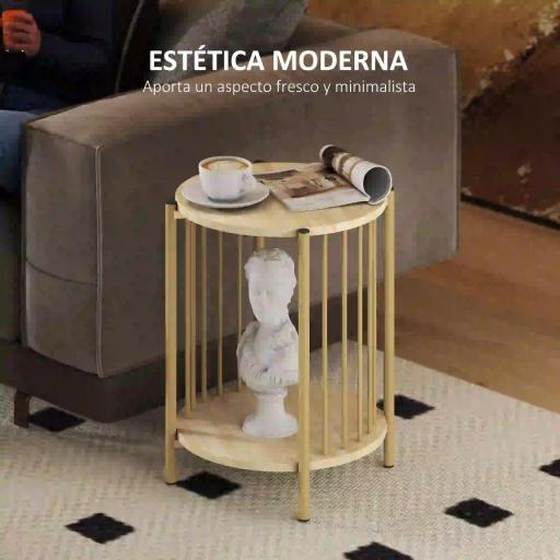 Mesa Auxiliar Redonda de 2 Niveles con Estante de Almacenaje y Marco de Acero para Salón Dormitorio Ø41x49 cm Natural [2]