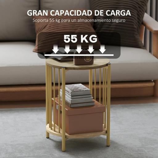 Mesa Auxiliar Redonda de 2 Niveles con Estante de Almacenaje y Marco de Acero para Salón Dormitorio Ø41x49 cm Natural [3]