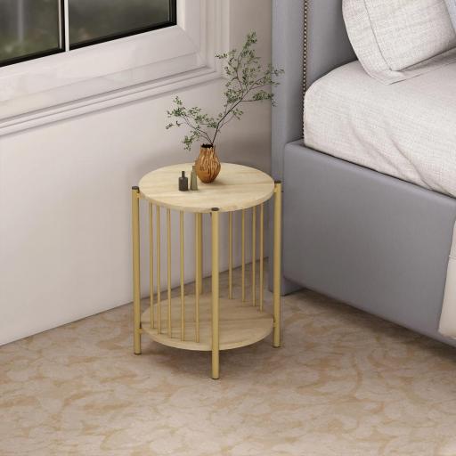 Mesa Auxiliar Redonda de 2 Niveles con Estante de Almacenaje y Marco de Acero para Salón Dormitorio Ø41x49 cm Natural [7]