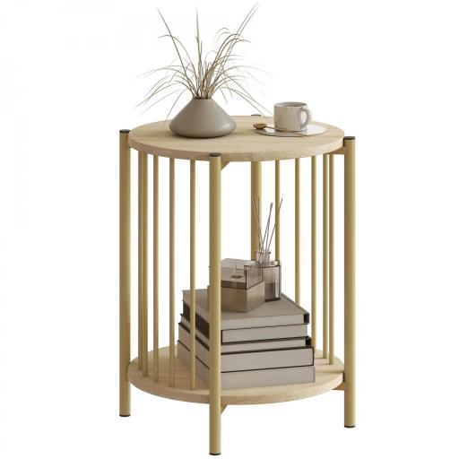 Mesa Auxiliar Redonda de 2 Niveles con Estante de Almacenaje y Marco de Acero para Salón Dormitorio Ø41x49 cm Natural [8]