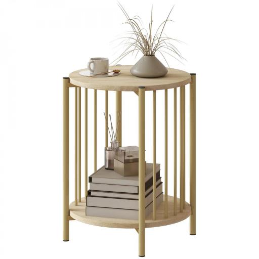 Mesa Auxiliar Redonda de 2 Niveles con Estante de Almacenaje y Marco de Acero para Salón Dormitorio Ø41x49 cm Natural [9]