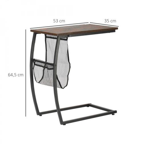 Mesa Auxiliar para Sofá y Cama Mesita Auxiliar Pequeña en Forma de C con Bolsillo de Almacenaje Estilo Industrial para Salón 53x35x64,5 cm Marrón Rústico [1]