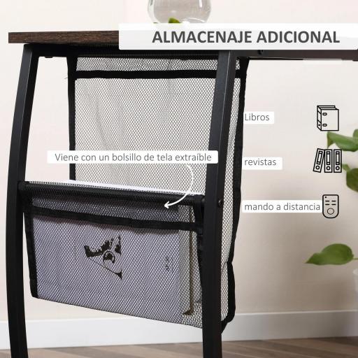 Mesa Auxiliar para Sofá y Cama Mesita Auxiliar Pequeña en Forma de C con Bolsillo de Almacenaje Estilo Industrial para Salón 53x35x64,5 cm Marrón Rústico [3]