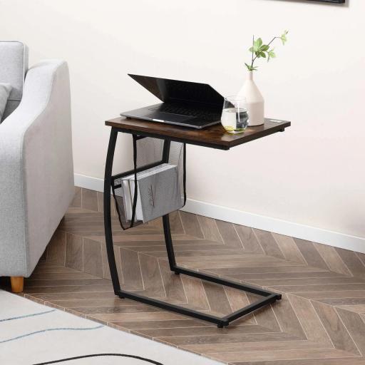 Mesa Auxiliar para Sofá y Cama Mesita Auxiliar Pequeña en Forma de C con Bolsillo de Almacenaje Estilo Industrial para Salón 53x35x64,5 cm Marrón Rústico [5]