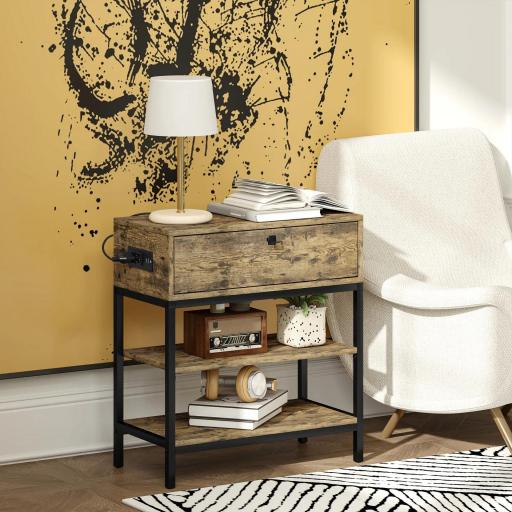 Mesa Auxiliar con Cajón y 2 Estantes con 2 Enchufes y 2 Puertos USB de Estilo Industrial 60x30x66,5 cm Marrón Rústico