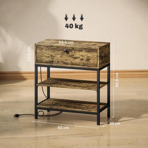 Mesa Auxiliar con Cajón y 2 Estantes con 2 Enchufes y 2 Puertos USB de Estilo Industrial 60x30x66,5 cm Marrón Rústico [1]