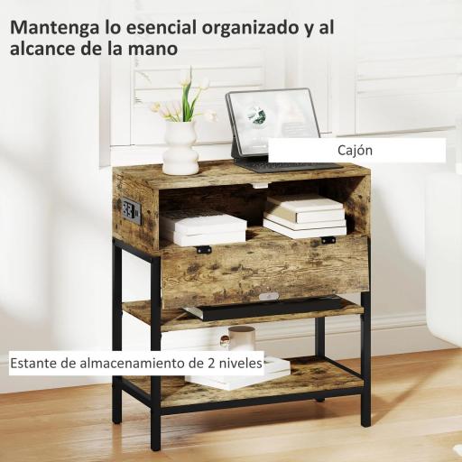 Mesa Auxiliar con Cajón y 2 Estantes con 2 Enchufes y 2 Puertos USB de Estilo Industrial 60x30x66,5 cm Marrón Rústico [4]