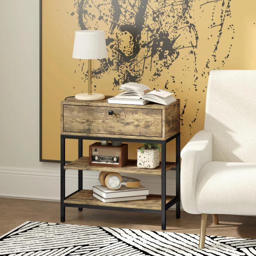 Mesa Auxiliar con Cajón y 2 Estantes con 2 Enchufes y 2 Puertos USB de Estilo Industrial 60x30x66,5 cm Marrón Rústico [6]