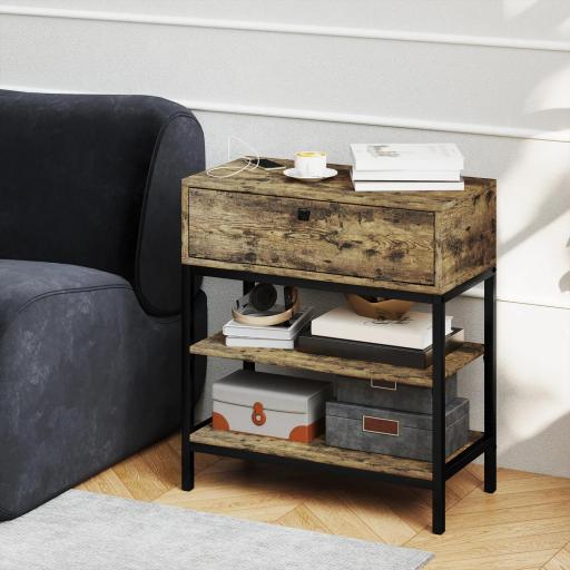 Mesa Auxiliar con Cajón y 2 Estantes con 2 Enchufes y 2 Puertos USB de Estilo Industrial 60x30x66,5 cm Marrón Rústico [7]