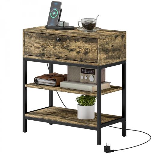 Mesa Auxiliar con Cajón y 2 Estantes con 2 Enchufes y 2 Puertos USB de Estilo Industrial 60x30x66,5 cm Marrón Rústico [8]