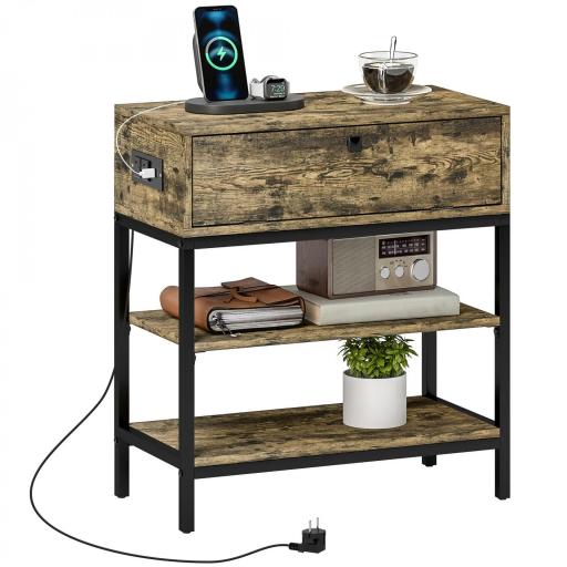 Mesa Auxiliar con Cajón y 2 Estantes con 2 Enchufes y 2 Puertos USB de Estilo Industrial 60x30x66,5 cm Marrón Rústico [9]