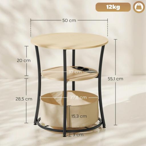 Mesa Auxiliar Redonda de 3 Niveles con Estación de Carga 3 Estantes y Bolsa para Salón Dormitorio Ø50x55,1 cm Natural [1]