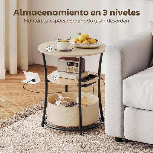 Mesa Auxiliar Redonda de 3 Niveles con Estación de Carga 3 Estantes y Bolsa para Salón Dormitorio Ø50x55,1 cm Natural [3]