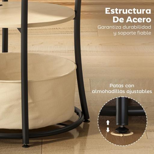 Mesa Auxiliar Redonda de 3 Niveles con Estación de Carga 3 Estantes y Bolsa para Salón Dormitorio Ø50x55,1 cm Natural [5]