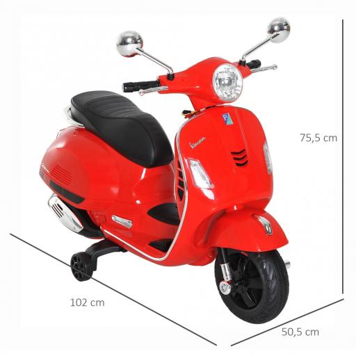 Moto Eléctrica Infantil Coche Triciclo Vespa Scooter Eléctrico a Batería con Luz MP3 USB Bocina para Niños Más de 3 Años Carga 25kg Rojo [4]