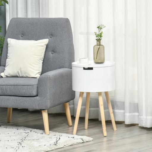 Mesa Auxiliar de Salón Moderna Mesita de Noche con Tapa Extraíble Espacio de Almacenamiento y Patas de Madera para Dormitorio Sofá Esquina Ø38x63 cm Blanco