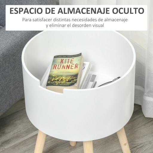 Mesa Auxiliar de Salón Moderna Mesita de Noche con Tapa Extraíble Espacio de Almacenamiento y Patas de Madera para Dormitorio Sofá Esquina Ø38x63 cm Blanco [6]