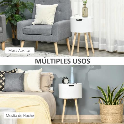 Mesa Auxiliar de Salón Moderna Mesita de Noche con Tapa Extraíble Espacio de Almacenamiento y Patas de Madera para Dormitorio Sofá Esquina Ø38x63 cm Blanco [5]