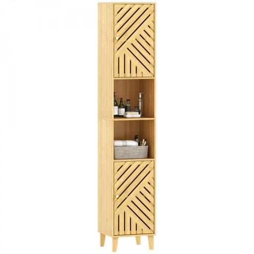 Columna de Baño Estrecha con Puertas y Patas de Bambú Estantes Ajustables Compartimento Abierto 32x30x170 cm Natural [9]