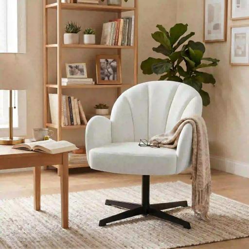 Sillón de Salón Giratorio Butaca de Salón Tapizada Terciopelo con Respaldo en Forma de Concha Cojín con Resortes Crema [7]