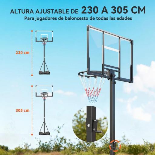 Canasta de Baloncesto para Exterior Ajustable de 230-305 cm con Tablero Irrompible Base Rellenable y Ruedas Negro [2]