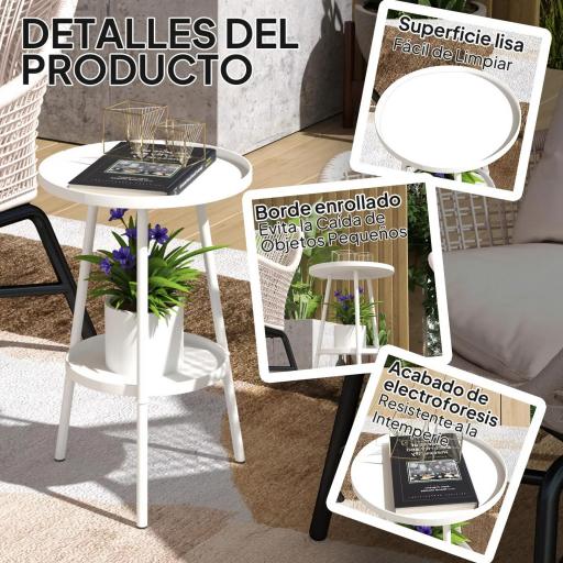 Mesa de Jardín Redonda de 2 Niveles con Bordes Elevados Bandeja Inferior para Exterior e Interior Ø32x51 cm Blanco [5]
