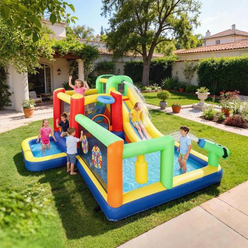 Castillo Hinchable Acuático con Soplador 550W 9 en 1 con Tobogán Trampolín Escalada 2 Piscinas Canasta Columna de Boxeo