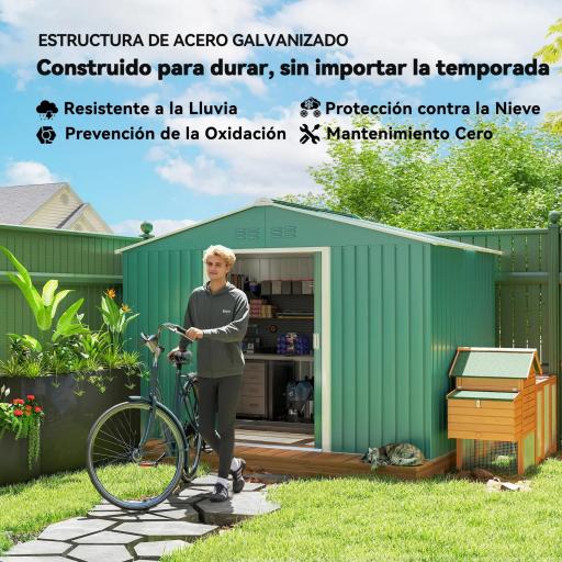 Cobertizo de Jardín 4,9 m² 277x195x192 cm con 2 Puertas Corredizas Techo Inclinado y 4 Ventanas Verde [4]