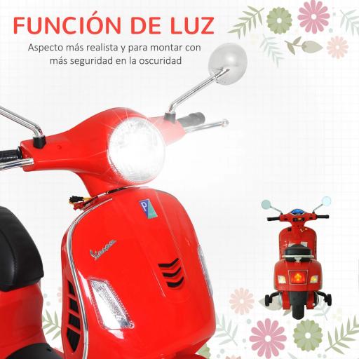 Moto Eléctrica Infantil Coche Triciclo Vespa Scooter Eléctrico a Batería con Luz MP3 USB Bocina para Niños Más de 3 Años Carga 25kg Rojo [3]