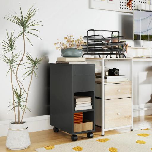 Mesa Auxiliar con Encimera Deslizante Ruedas Almacenamiento Oculto Estante Ajustable Negro [2]