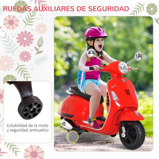 Moto Eléctrica Infantil Coche Triciclo Vespa Scooter Eléctrico a Batería con Luz MP3 USB Bocina para Niños Más de 3 Años Carga 25kg Rojo [6]