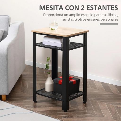 Mesa Auxiliar Mesita de Noche Estilo Industrial con 2 Estantes de Rejilla de Metal y Pies Ajustables para Salón Dormitorio 45x35x75 cm Roble y Negro [2]