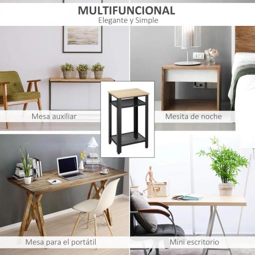 Mesa Auxiliar Mesita de Noche Estilo Industrial con 2 Estantes de Rejilla de Metal y Pies Ajustables para Salón Dormitorio 45x35x75 cm Roble y Negro [5]