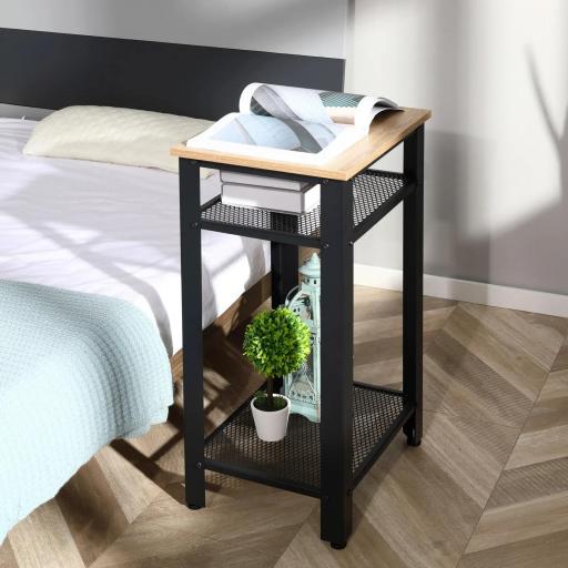 Mesa Auxiliar Mesita de Noche Estilo Industrial con 2 Estantes de Rejilla de Metal y Pies Ajustables para Salón Dormitorio 45x35x75 cm Roble y Negro [4]