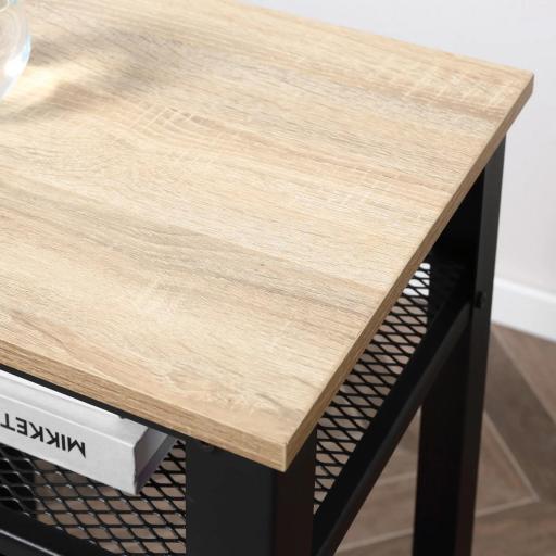 Mesa Auxiliar Mesita de Noche Estilo Industrial con 2 Estantes de Rejilla de Metal y Pies Ajustables para Salón Dormitorio 45x35x75 cm Roble y Negro [6]
