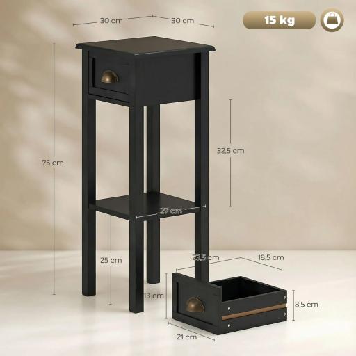 Mesa Auxiliar Estilo Moderno Mesita Auxiliar con Cajón y Estante de Almacenamiento 30x30x75 cm Negro [1]