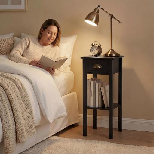 Mesa Auxiliar Estilo Moderno Mesita Auxiliar con Cajón y Estante de Almacenamiento 30x30x75 cm Negro [7]