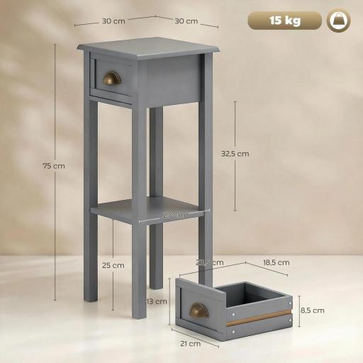 Mesa Auxiliar Estilo Moderno Mesita Auxiliar con Cajón y Estante de Almacenamiento 30x30x75 cm Gris [1]