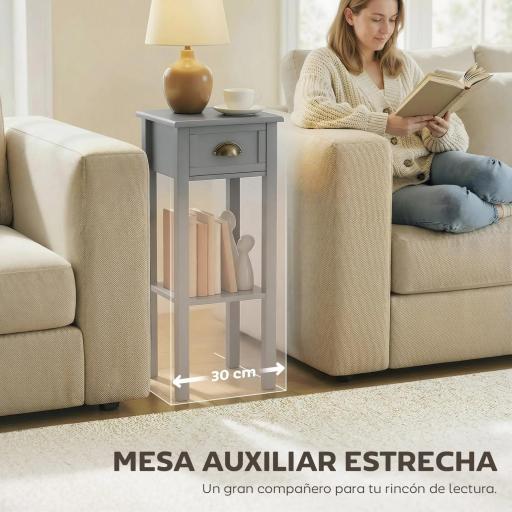Mesa Auxiliar Estilo Moderno Mesita Auxiliar con Cajón y Estante de Almacenamiento 30x30x75 cm Gris [5]