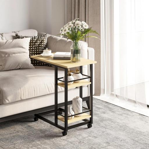 Mesa Auxiliar con Ruedas Mesa Lateral en Forma de C con 2 Estantes Estilo Moderno 60x34,5x64,5 cm Natural