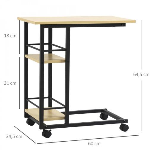 Mesa Auxiliar con Ruedas Mesa Lateral en Forma de C con 2 Estantes Estilo Moderno 60x34,5x64,5 cm Natural [1]