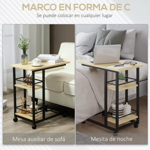 Mesa Auxiliar con Ruedas Mesa Lateral en Forma de C con 2 Estantes Estilo Moderno 60x34,5x64,5 cm Natural [5]