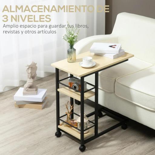 Mesa Auxiliar con Ruedas Mesa Lateral en Forma de C con 2 Estantes Estilo Moderno 60x34,5x64,5 cm Natural [3]