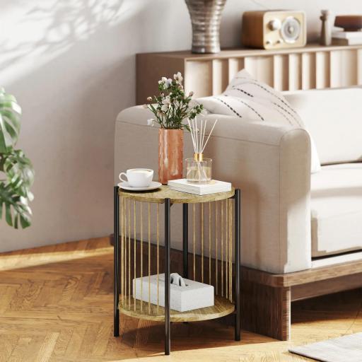 Mesa Auxiliar Redonda de 2 Niveles con Estante y Estructura de Acero para Salón Dormitorio 43,5x43,5x51 cm Natural