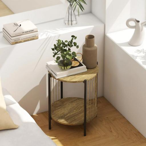 Mesa Auxiliar Redonda de 2 Niveles con Estante y Estructura de Acero para Salón Dormitorio 43,5x43,5x51 cm Natural [6]