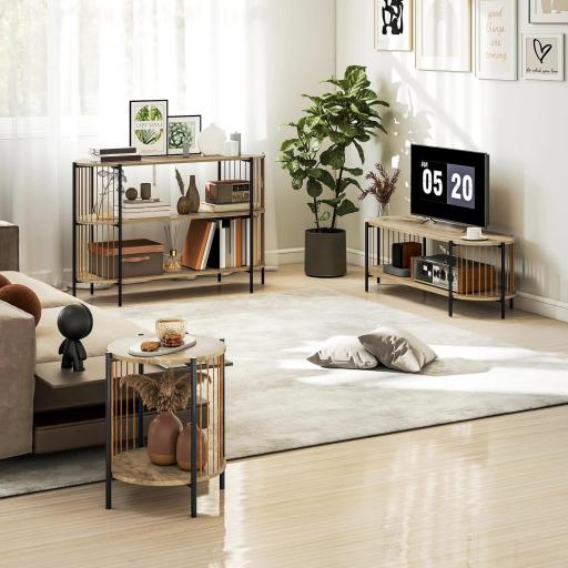 Mesa Auxiliar Redonda de 2 Niveles con Estante y Estructura de Acero para Salón Dormitorio 43,5x43,5x51 cm Natural [3]