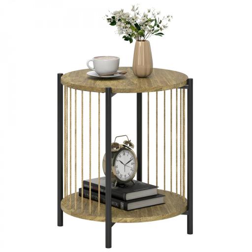 Mesa Auxiliar Redonda de 2 Niveles con Estante y Estructura de Acero para Salón Dormitorio 43,5x43,5x51 cm Natural [9]